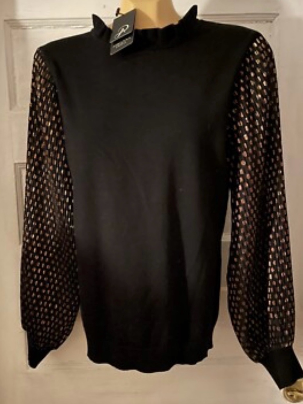 Adrianna Papell Black Knit Top with Sheer Polka Dot Sleeves